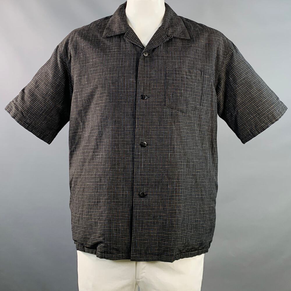 VISVIM Wallis Down Black Window Pane Wool Linen Oversized Short Sleeve Shirt